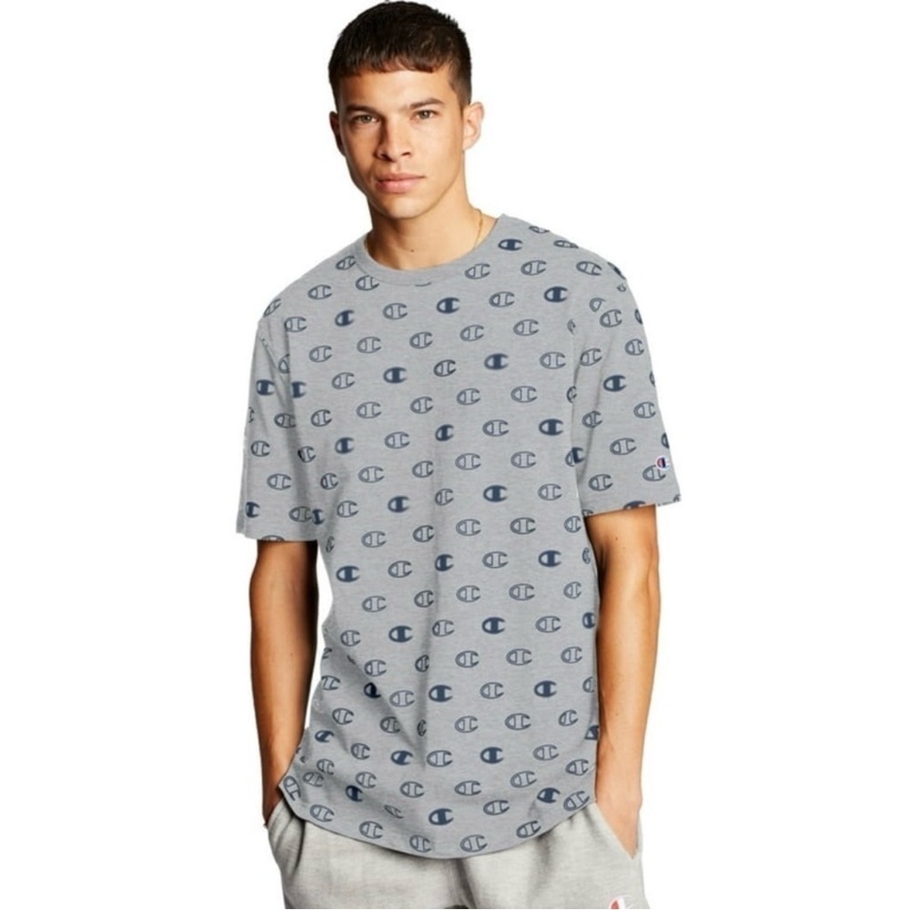 Champion Heritage All-Over Logo Short Sleeve Tee in Gray/Blue Men’s Medium